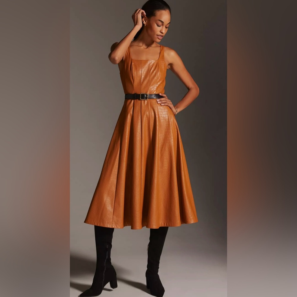 Avec Les Filles Cognac Vegan Leather Midi Dress Small